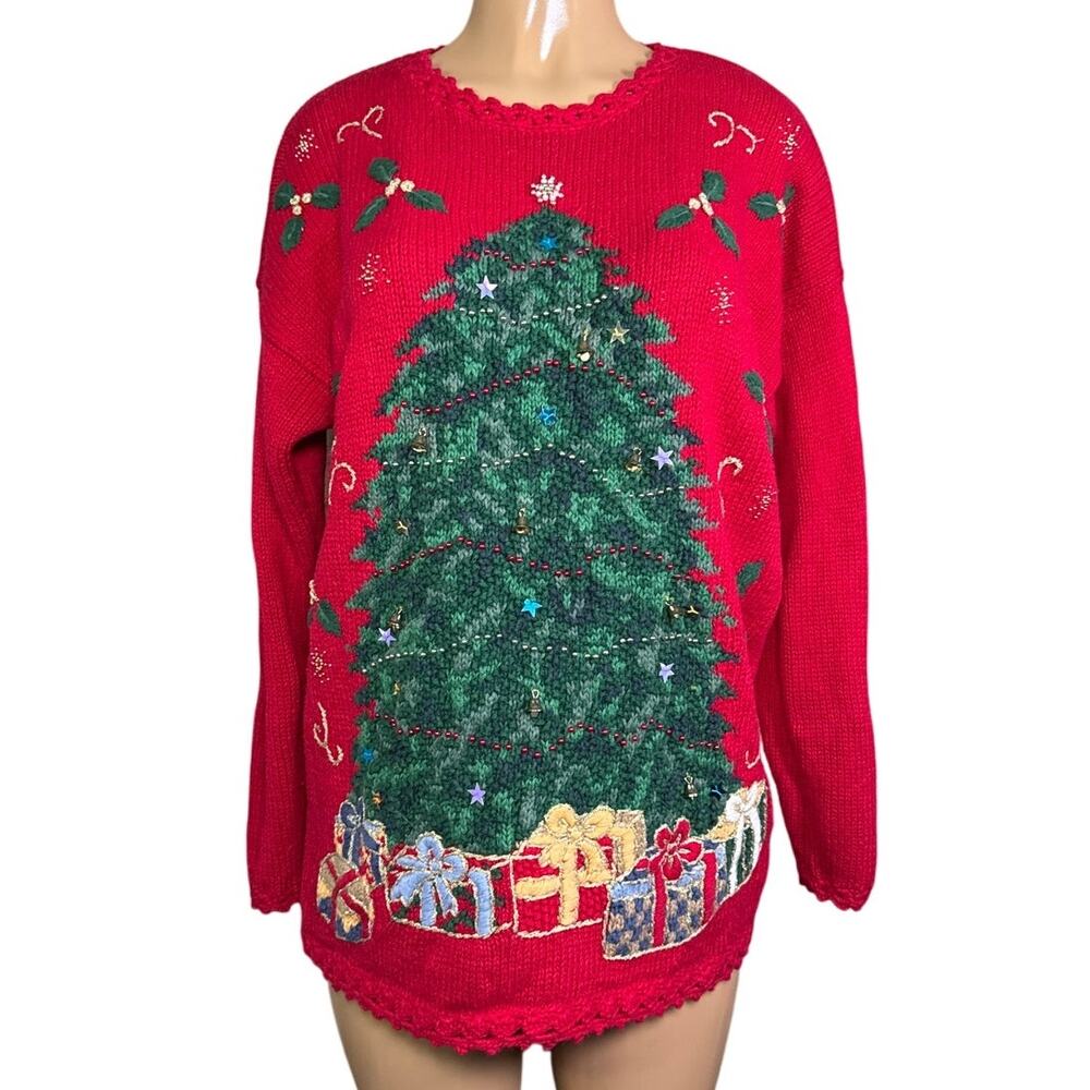 Vintage Honors Holiday Christmas Tree Sweater Jingle Bells Red SZ Large